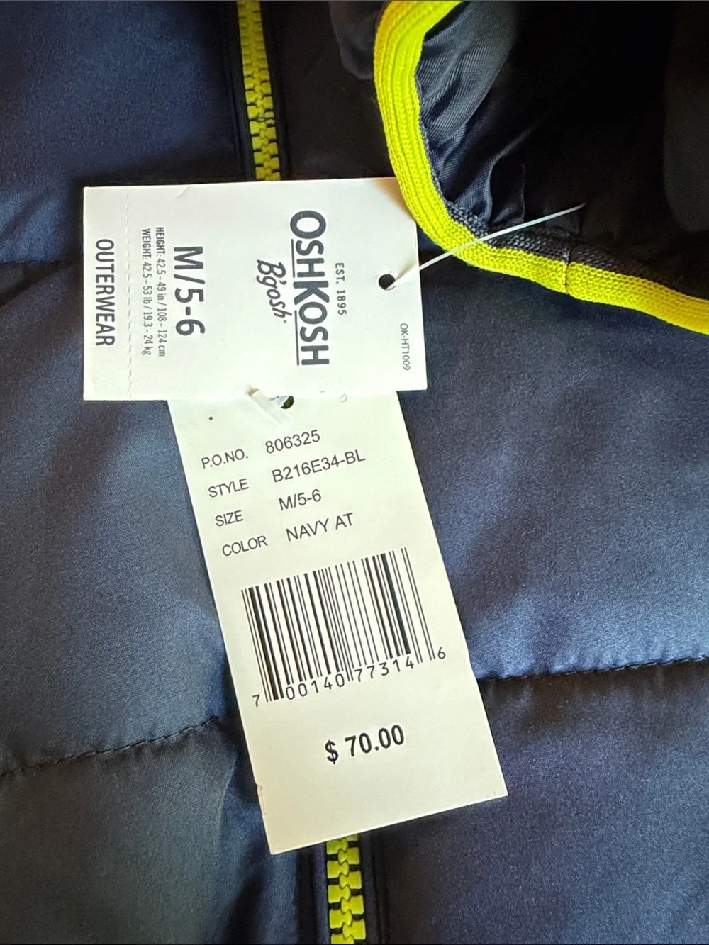 OshKosh B'gosh Boy’s Navy Puffer Coat 5/6 NWT